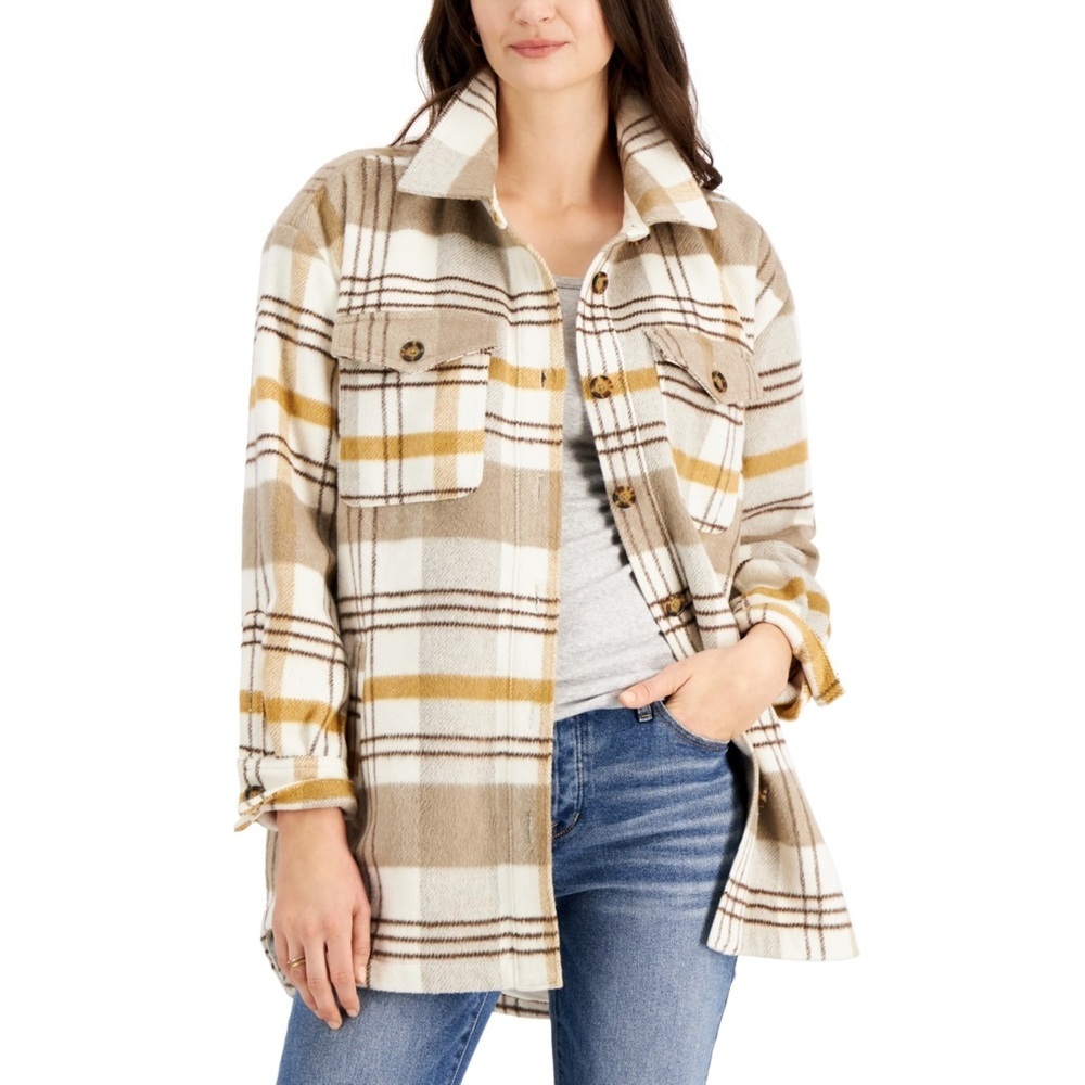 Style & Co Macys Shirt Jacket Coat Plaid Cream Grey Yellow Shacket‎ XXL Warm